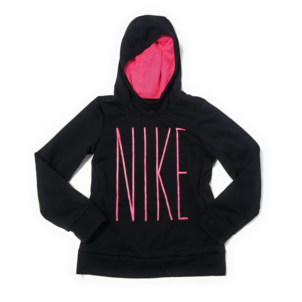 NIKE Youth Girls Black & Pink Hoodie Sweatshirt Spellout Logo Size M 10/12